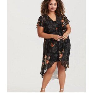 Torrid Womens Hi Low Mid Blouse Sz 4X Black Floral Chiffon Duster Top Boho Sheer
